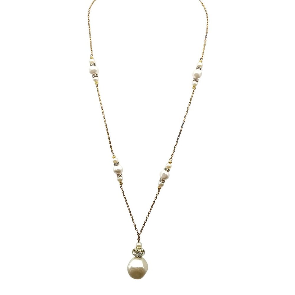 Vintage Gold-Tone Faux Pearl & Rhinestone Necklace